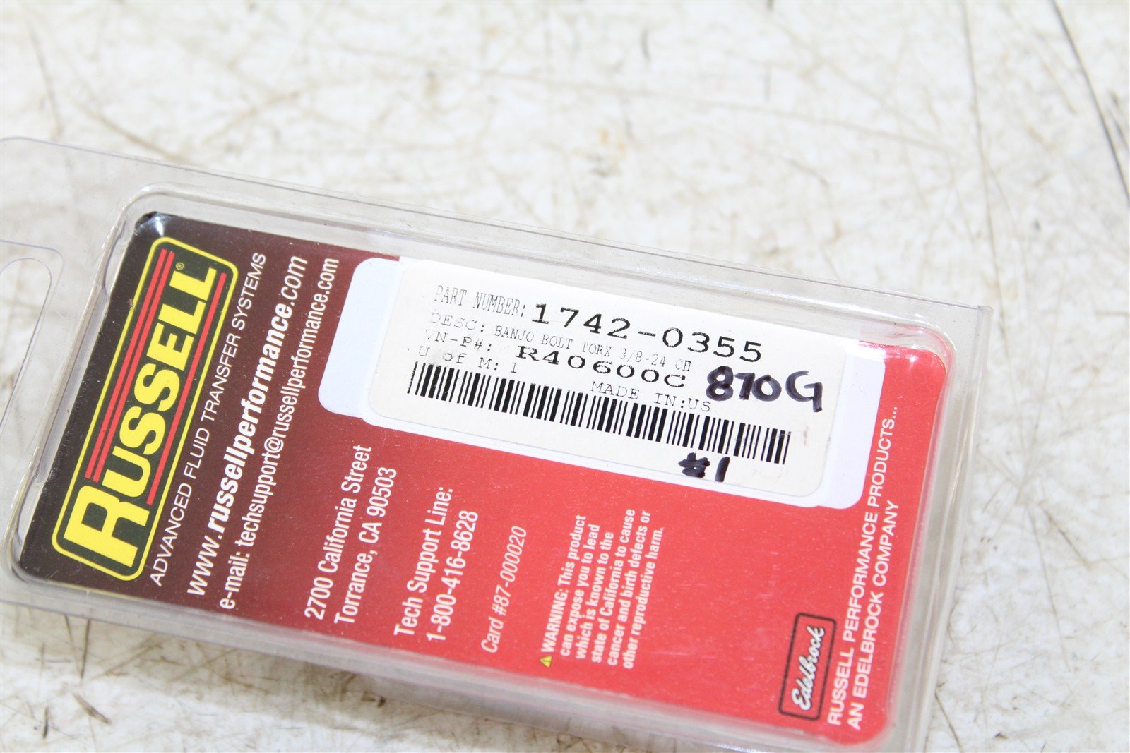 Russell Chrome 3/8"-24" Torx Banjo Bolt 1742-0355 NEW 870G